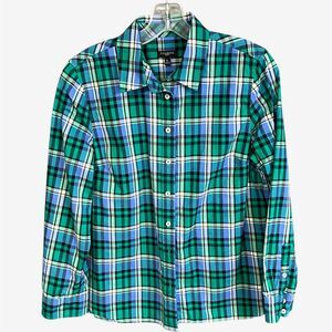 Talbots button up shirt women Petite M blue green white plaid cotton